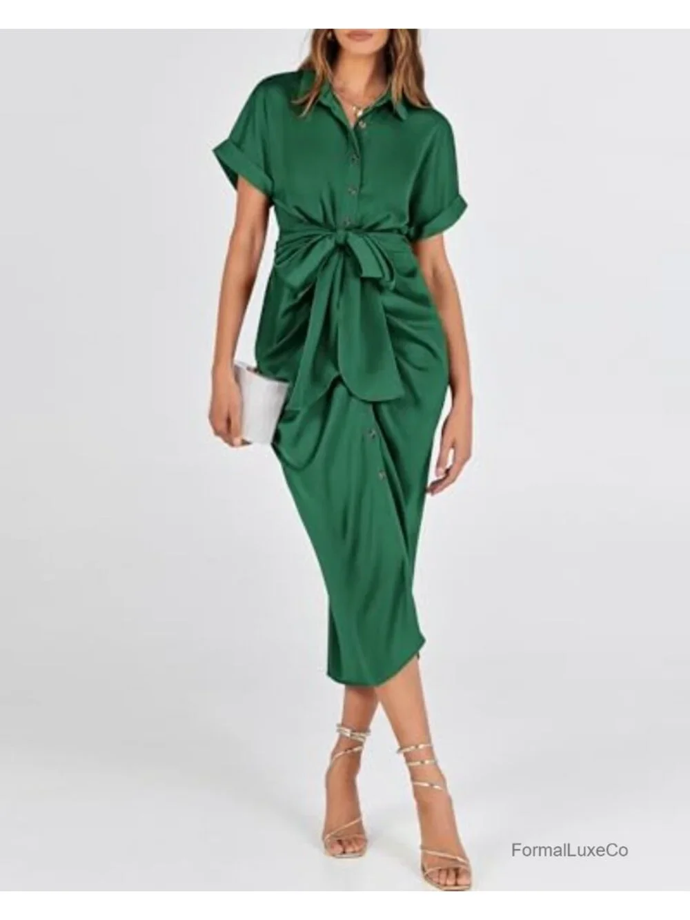 Satin Maxi Dress Short Sleeve Button Down Tie Waist Business Casual
